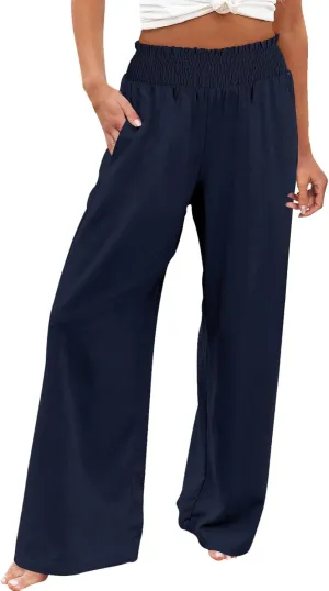 Womens Linen Pants 2025 Summer Casual High Waisted Wide Leg Pants Lightweight Flowy Beach Palazzo Pants with Pockets