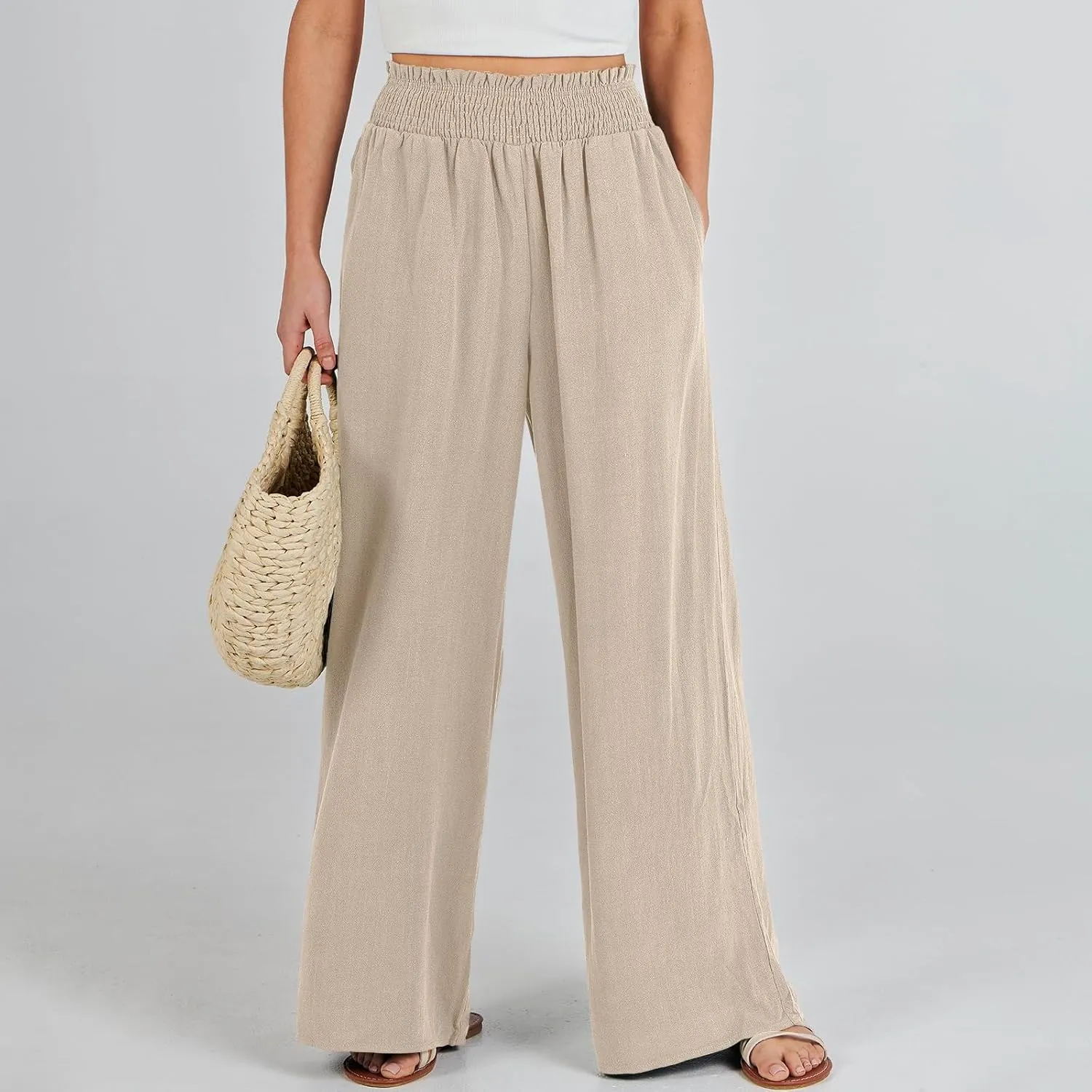 Womens Linen Pants 2025 Summer Casual High Waisted Wide Leg Pants Lightweight Flowy Beach Palazzo Pants with Pockets