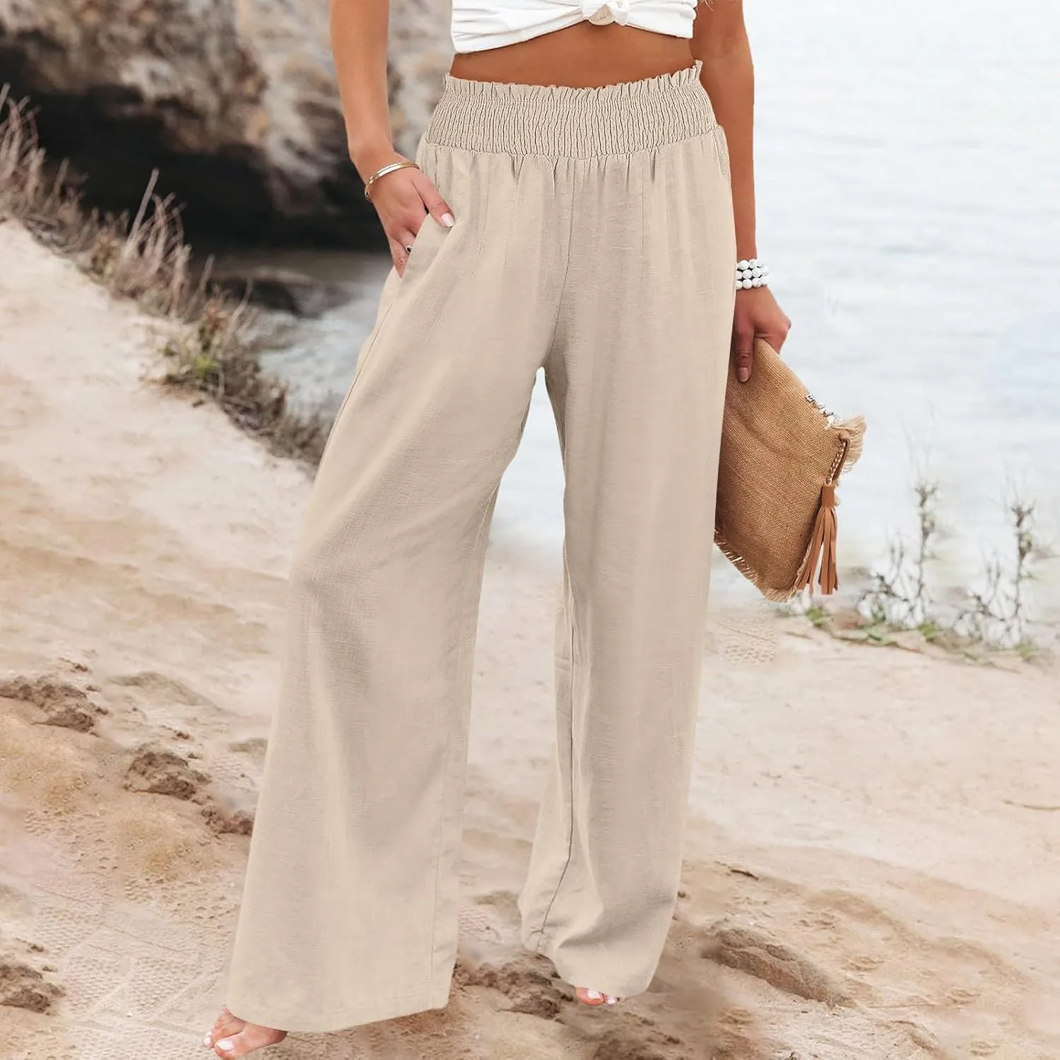 Womens Linen Pants 2025 Summer Casual High Waisted Wide Leg Pants Lightweight Flowy Beach Palazzo Pants with Pockets