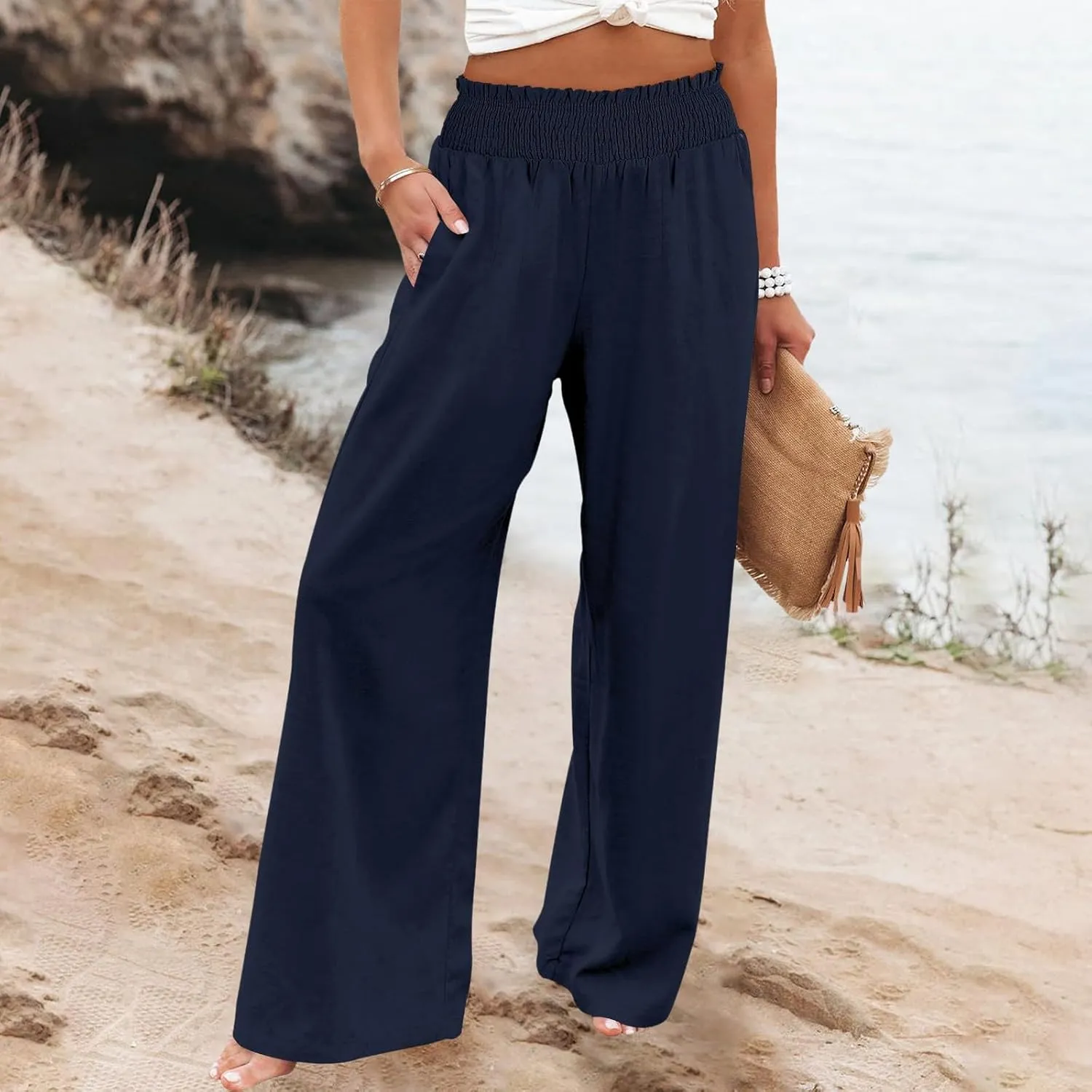 Womens Linen Pants 2025 Summer Casual High Waisted Wide Leg Pants Lightweight Flowy Beach Palazzo Pants with Pockets