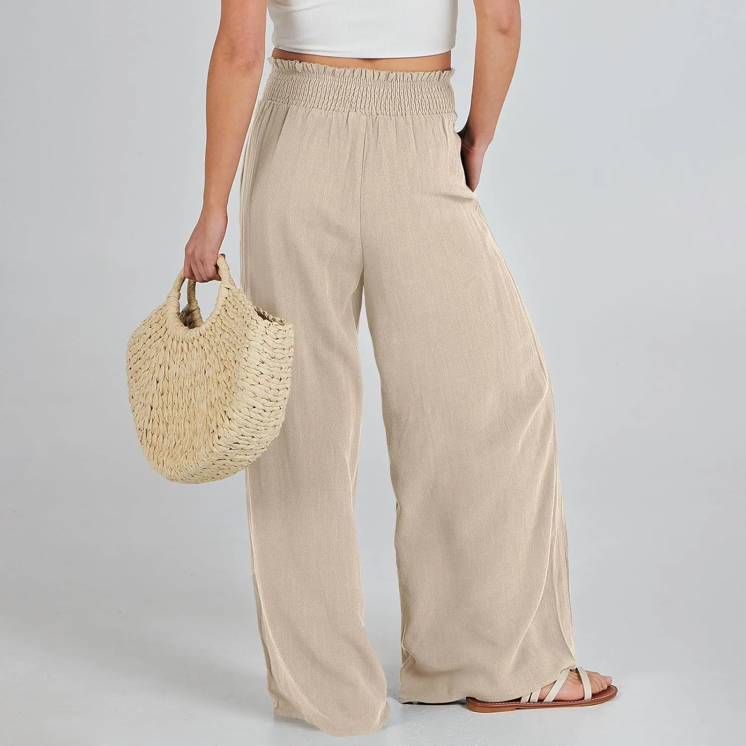 Womens Linen Pants 2025 Summer Casual High Waisted Wide Leg Pants Lightweight Flowy Beach Palazzo Pants with Pockets