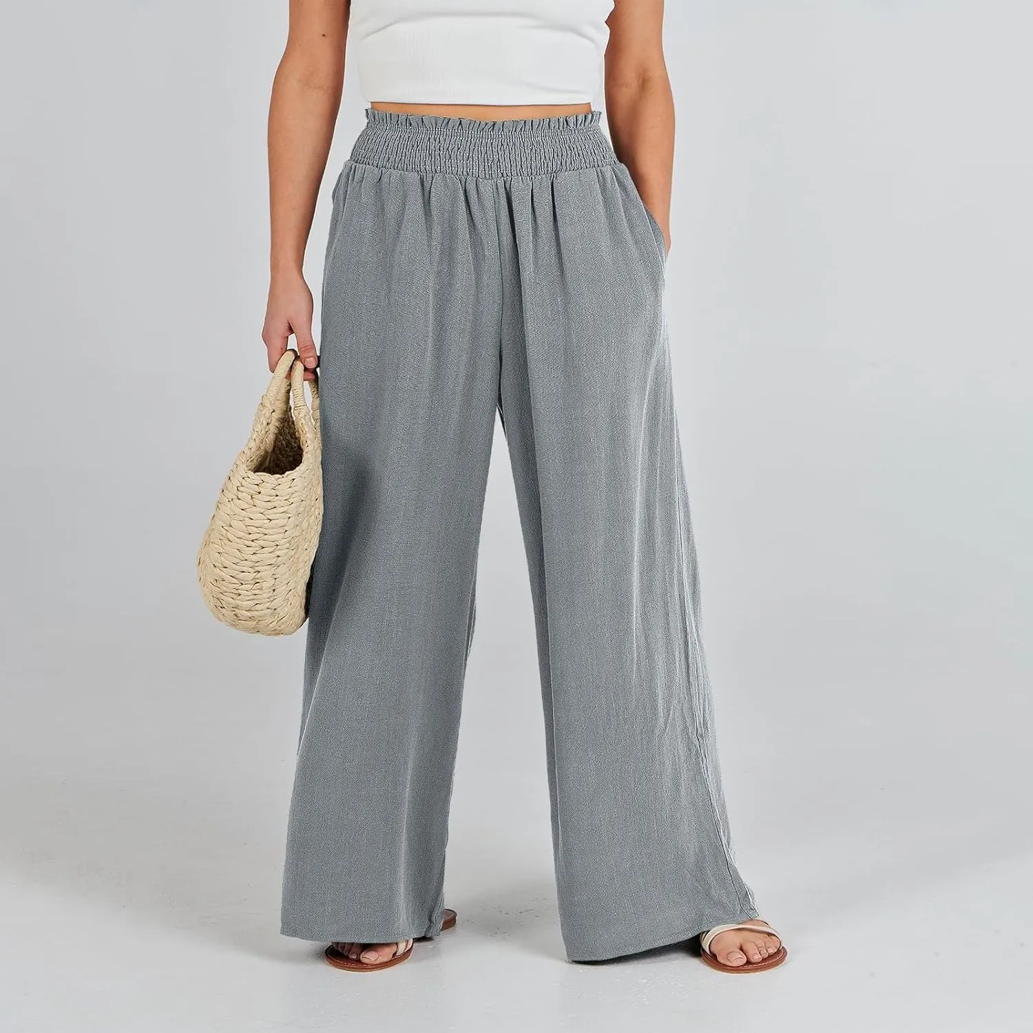 Womens Linen Pants 2025 Summer Casual High Waisted Wide Leg Pants Lightweight Flowy Beach Palazzo Pants with Pockets