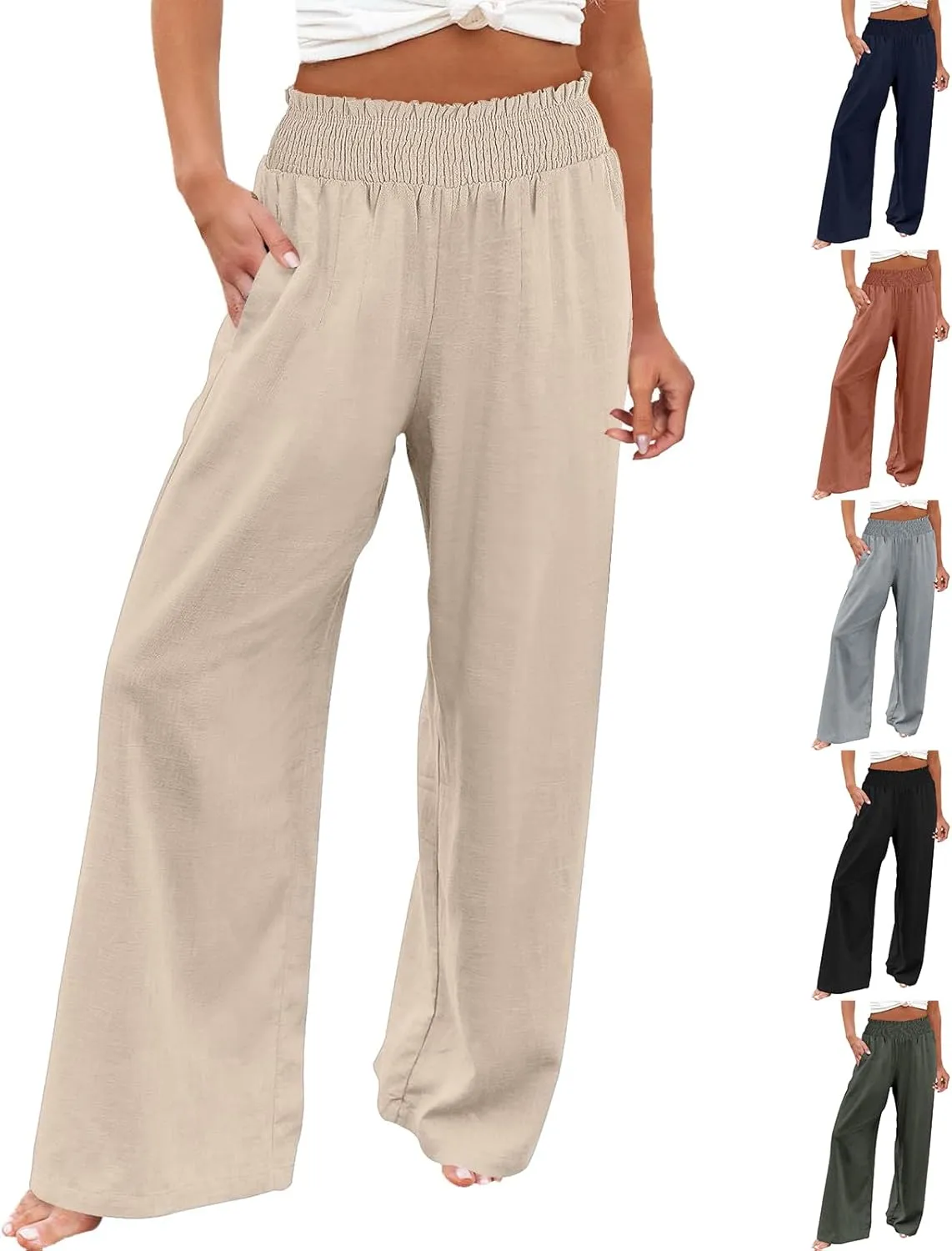 Womens Linen Pants 2025 Summer Casual High Waisted Wide Leg Pants Lightweight Flowy Beach Palazzo Pants with Pockets