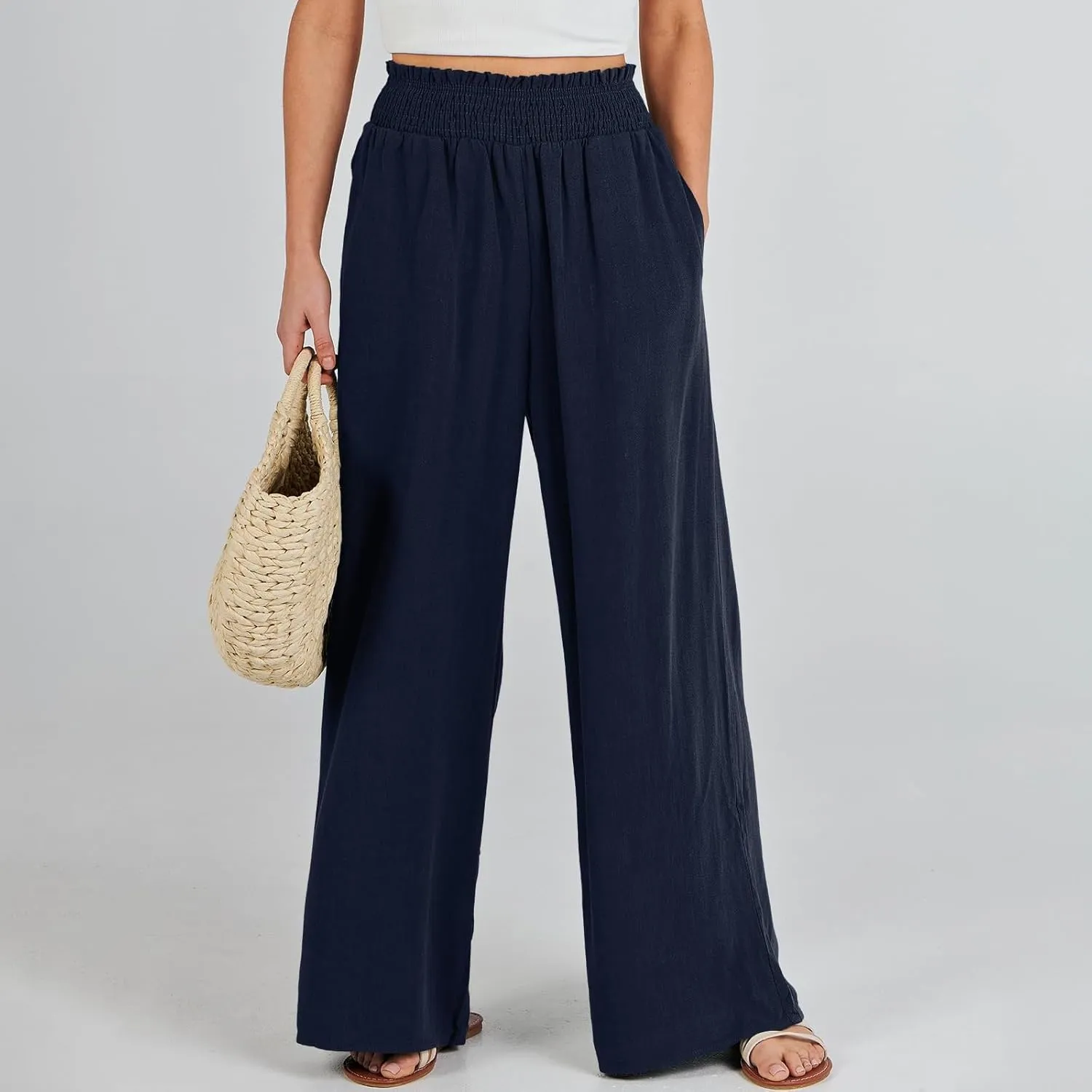 Womens Linen Pants 2025 Summer Casual High Waisted Wide Leg Pants Lightweight Flowy Beach Palazzo Pants with Pockets
