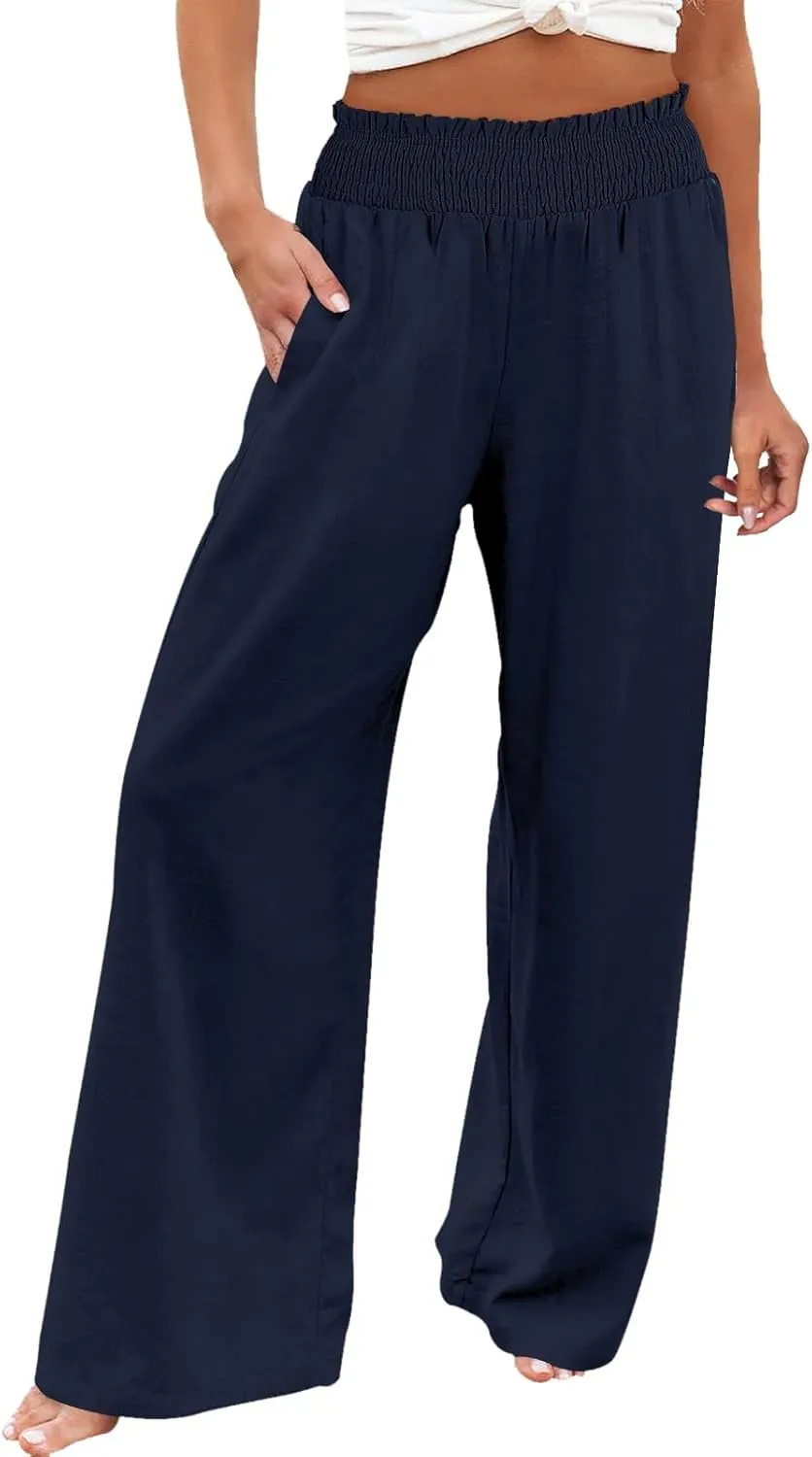 Womens Linen Pants 2025 Summer Casual High Waisted Wide Leg Pants Lightweight Flowy Beach Palazzo Pants with Pockets