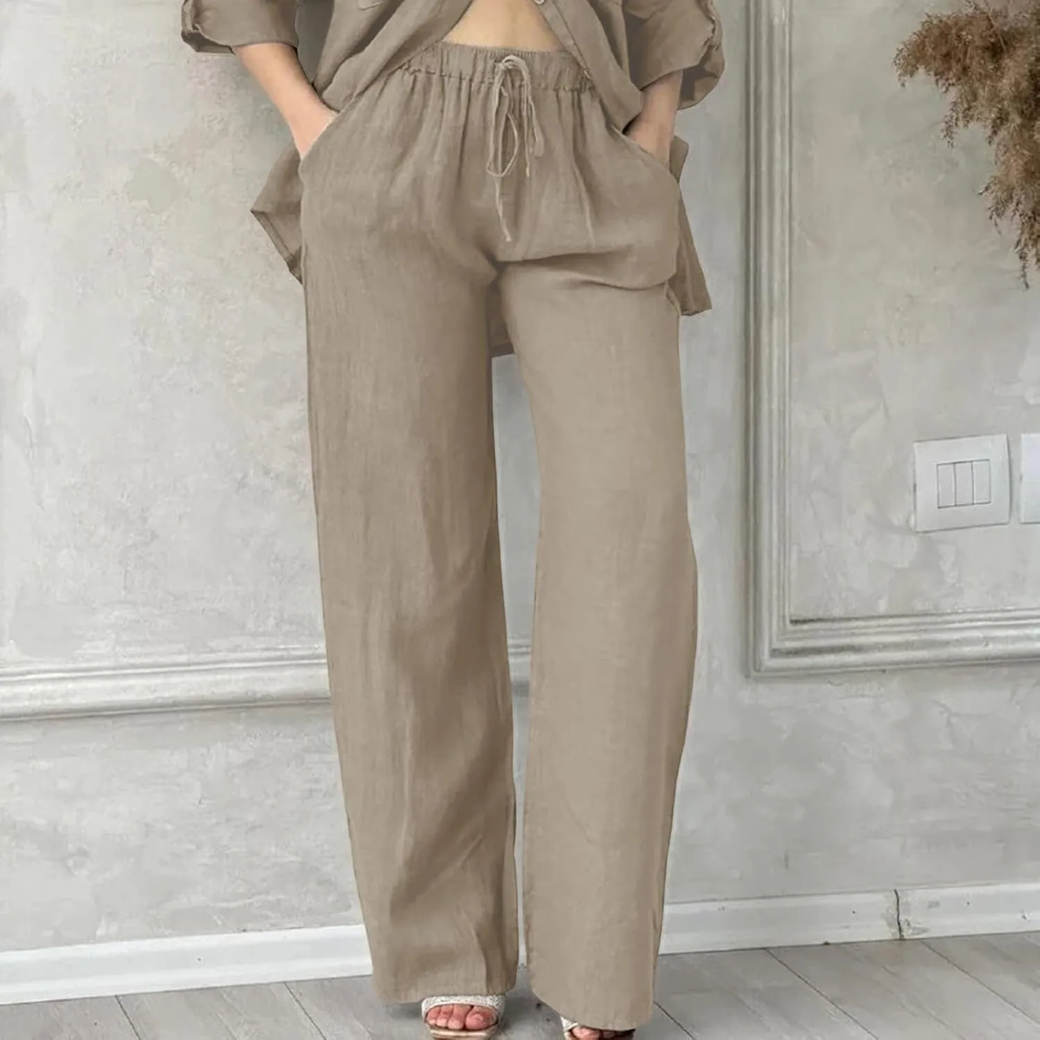 Womens Linen Pants Casual Loose Lightweight Wide Leg Trousers with Pockets Straight Leg Lounge High Waisted Elastic