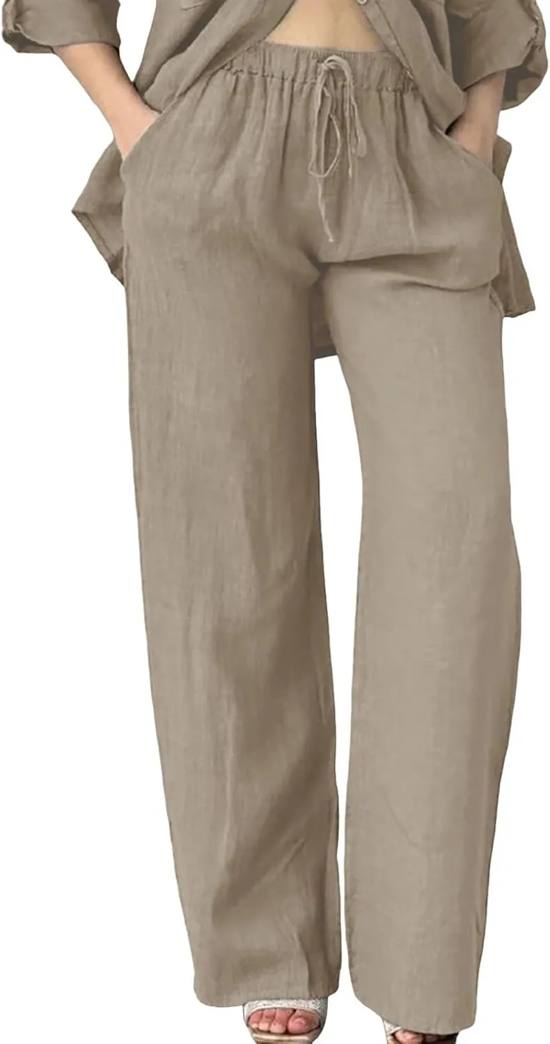 Womens Linen Pants Casual Loose Lightweight Wide Leg Trousers with Pockets Straight Leg Lounge High Waisted Elastic