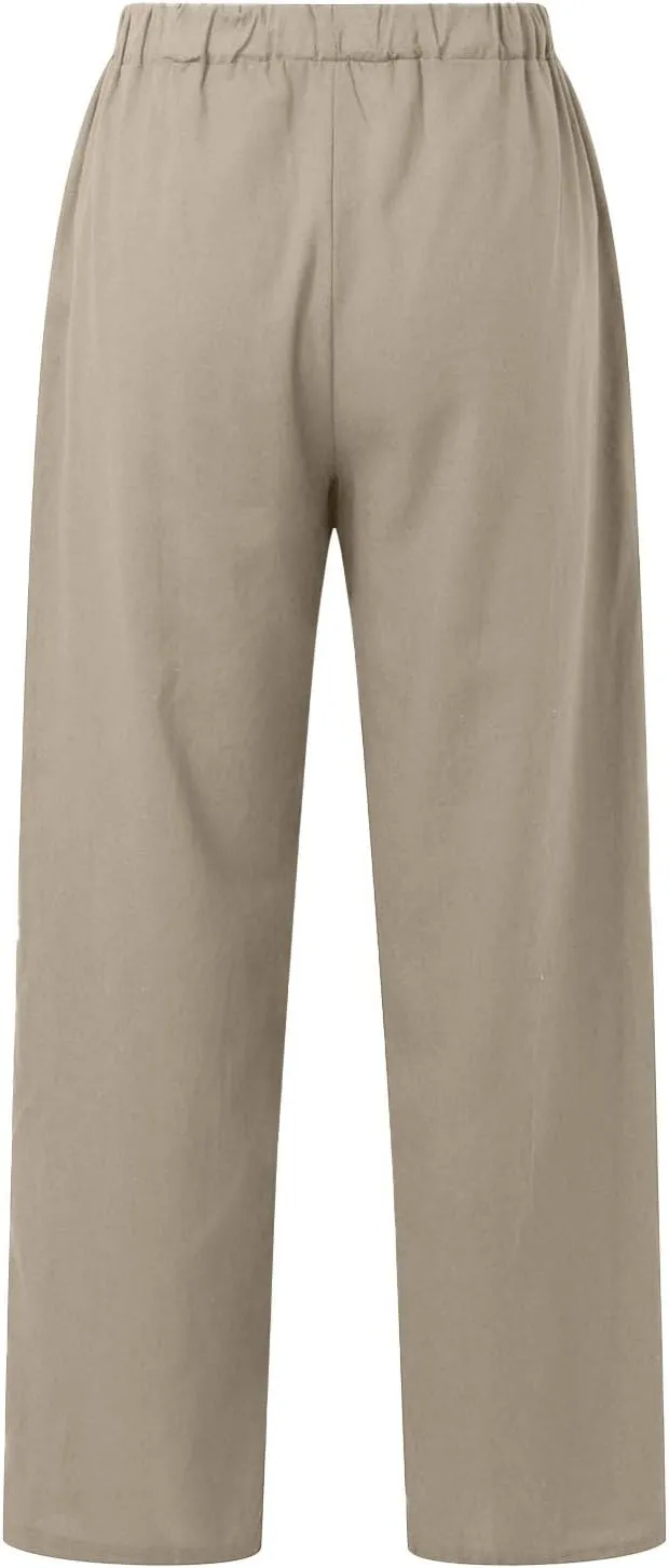 Womens Linen Pants Casual Loose Lightweight Wide Leg Trousers with Pockets Straight Leg Lounge High Waisted Elastic