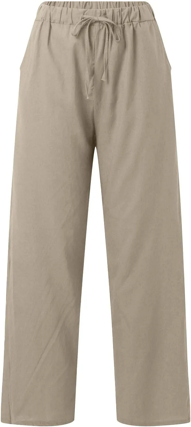 Womens Linen Pants Casual Loose Lightweight Wide Leg Trousers with Pockets Straight Leg Lounge High Waisted Elastic