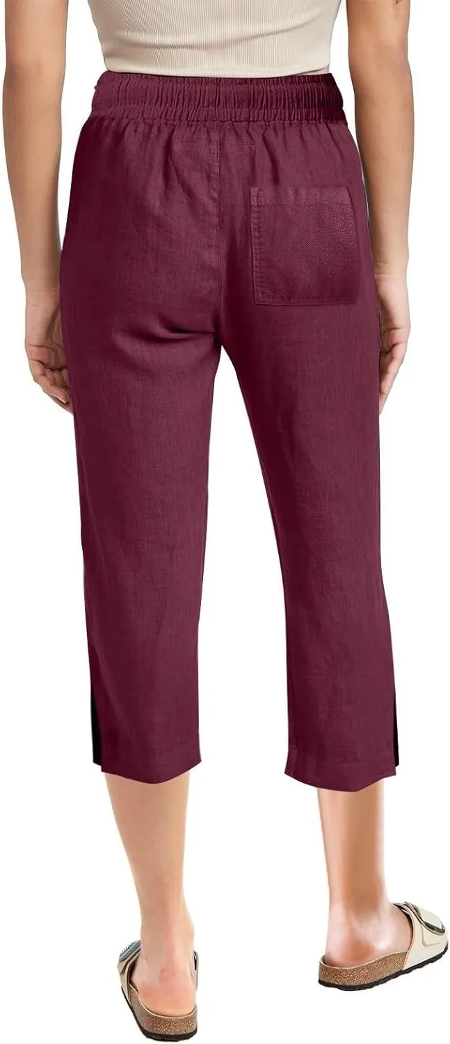 Womens Linen Pants Drawstring Loose Fit Stretchy Cropped Palazzo Pants Trousers Buttom Slit Summer Beach Travel Vacation