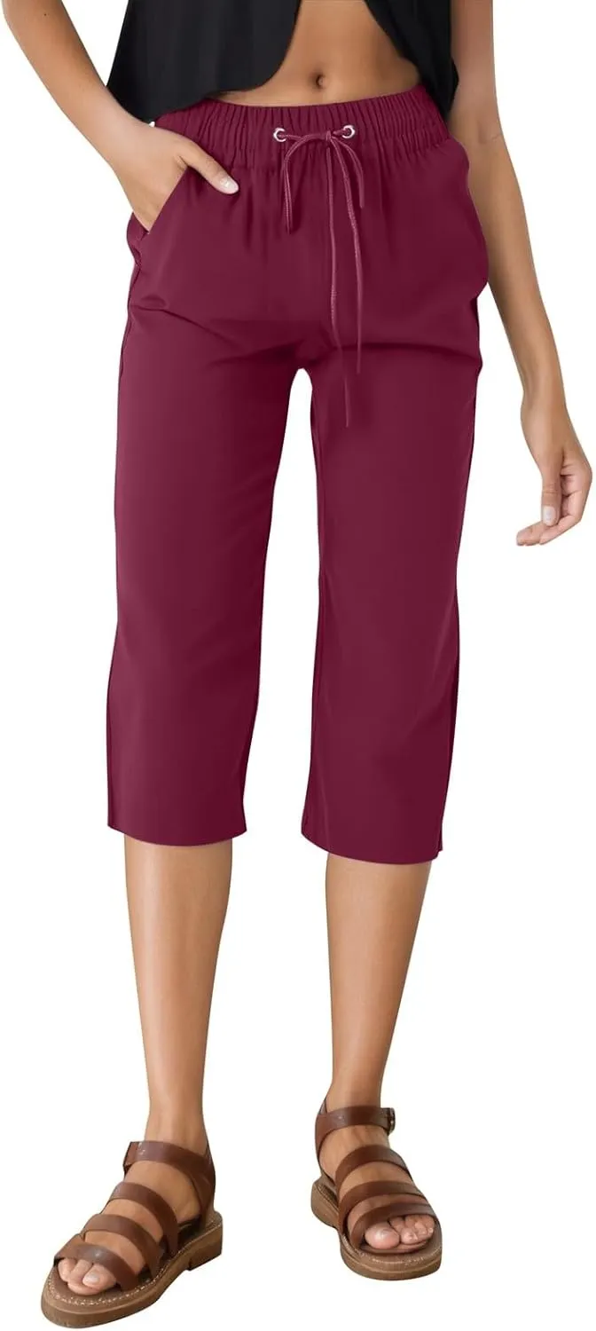 Womens Linen Pants Drawstring Loose Fit Stretchy Cropped Palazzo Pants Trousers Buttom Slit Summer Beach Travel Vacation