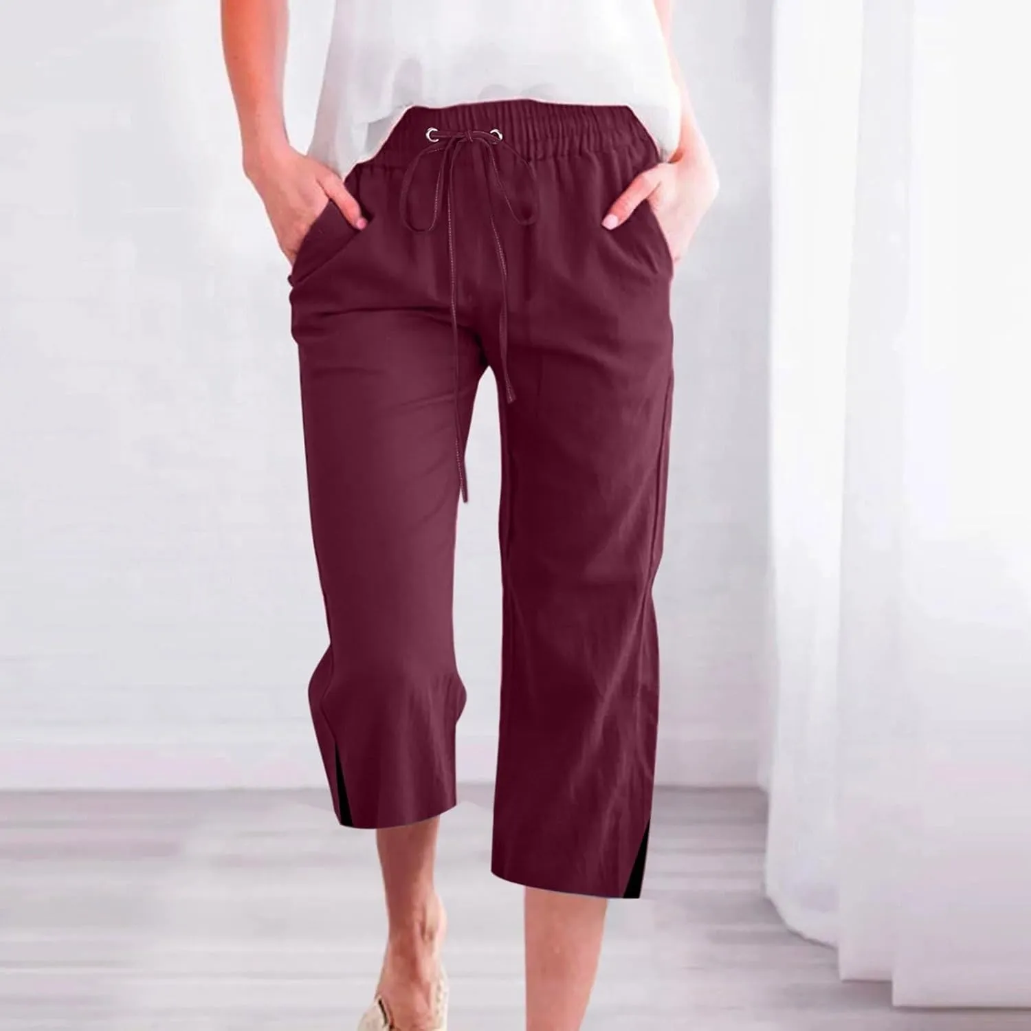 Womens Linen Pants Drawstring Loose Fit Stretchy Cropped Palazzo Pants Trousers Buttom Slit Summer Beach Travel Vacation