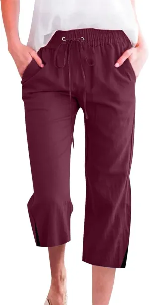 Womens Linen Pants Drawstring Loose Fit Stretchy Cropped Palazzo Pants Trousers Buttom Slit Summer Beach Travel Vacation