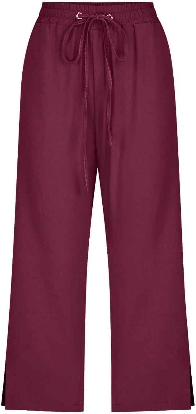 Womens Linen Pants Drawstring Loose Fit Stretchy Cropped Palazzo Pants Trousers Buttom Slit Summer Beach Travel Vacation