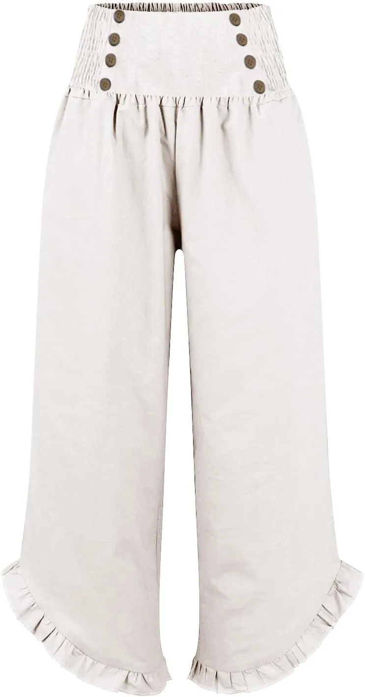 Womens Linen Pants Summer Casual Loose High Waisted Pleated Irregular Wide Leg Trousers for Casual Travel