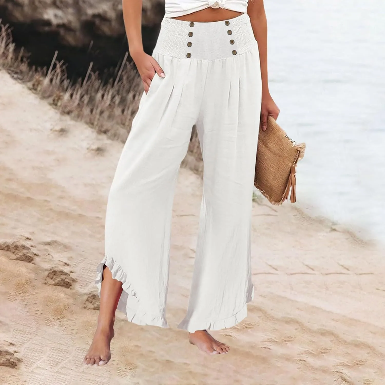 Womens Linen Pants Summer Casual Loose High Waisted Pleated Irregular Wide Leg Trousers for Casual Travel