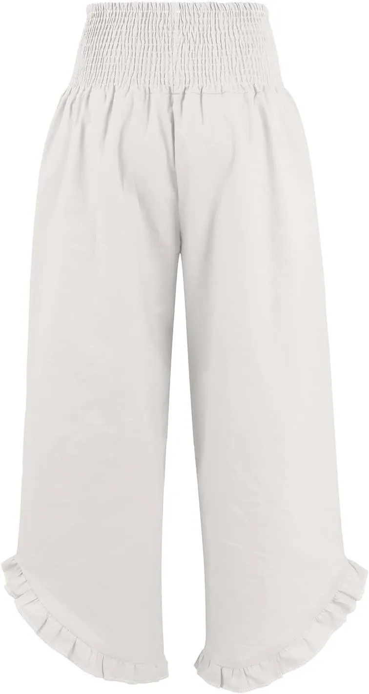 Womens Linen Pants Summer Casual Loose High Waisted Pleated Irregular Wide Leg Trousers for Casual Travel