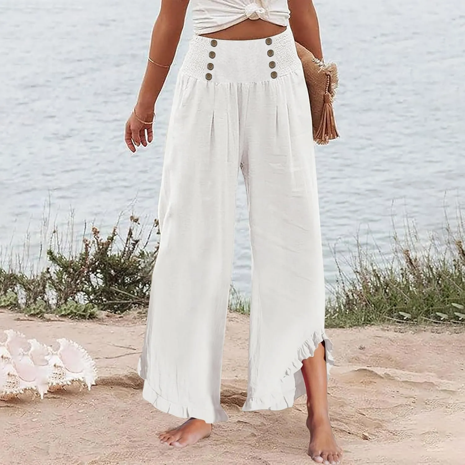 Womens Linen Pants Summer Casual Loose High Waisted Pleated Irregular Wide Leg Trousers for Casual Travel
