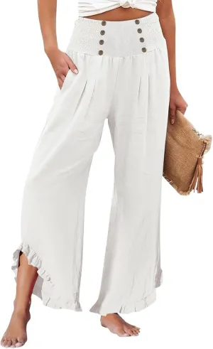 Womens Linen Pants Summer Casual Loose High Waisted Pleated Irregular Wide Leg Trousers for Casual Travel