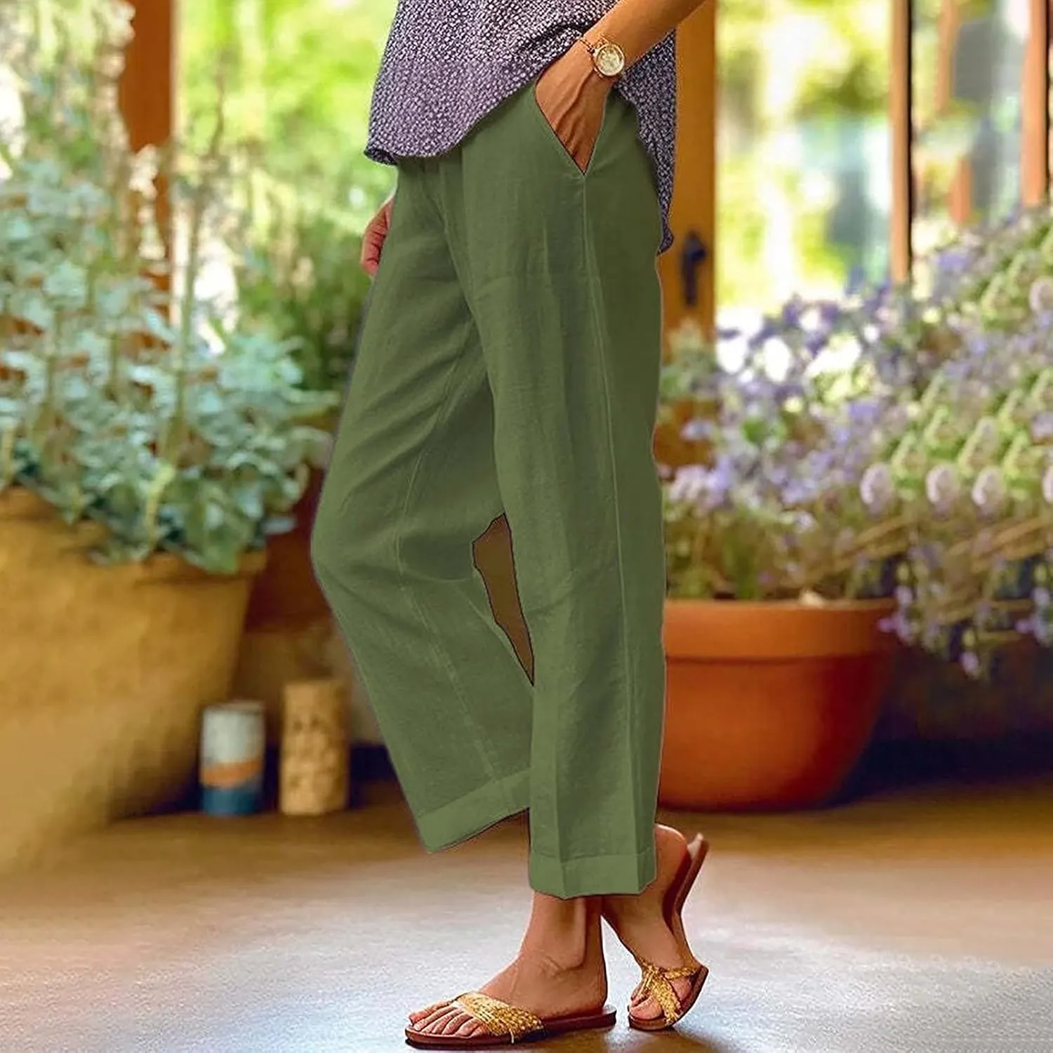 Women's Linen Summer Palazzo Pants Pants Long Drawstring Linen Women Waist Cotton Casual Pants Casual Wide Leg