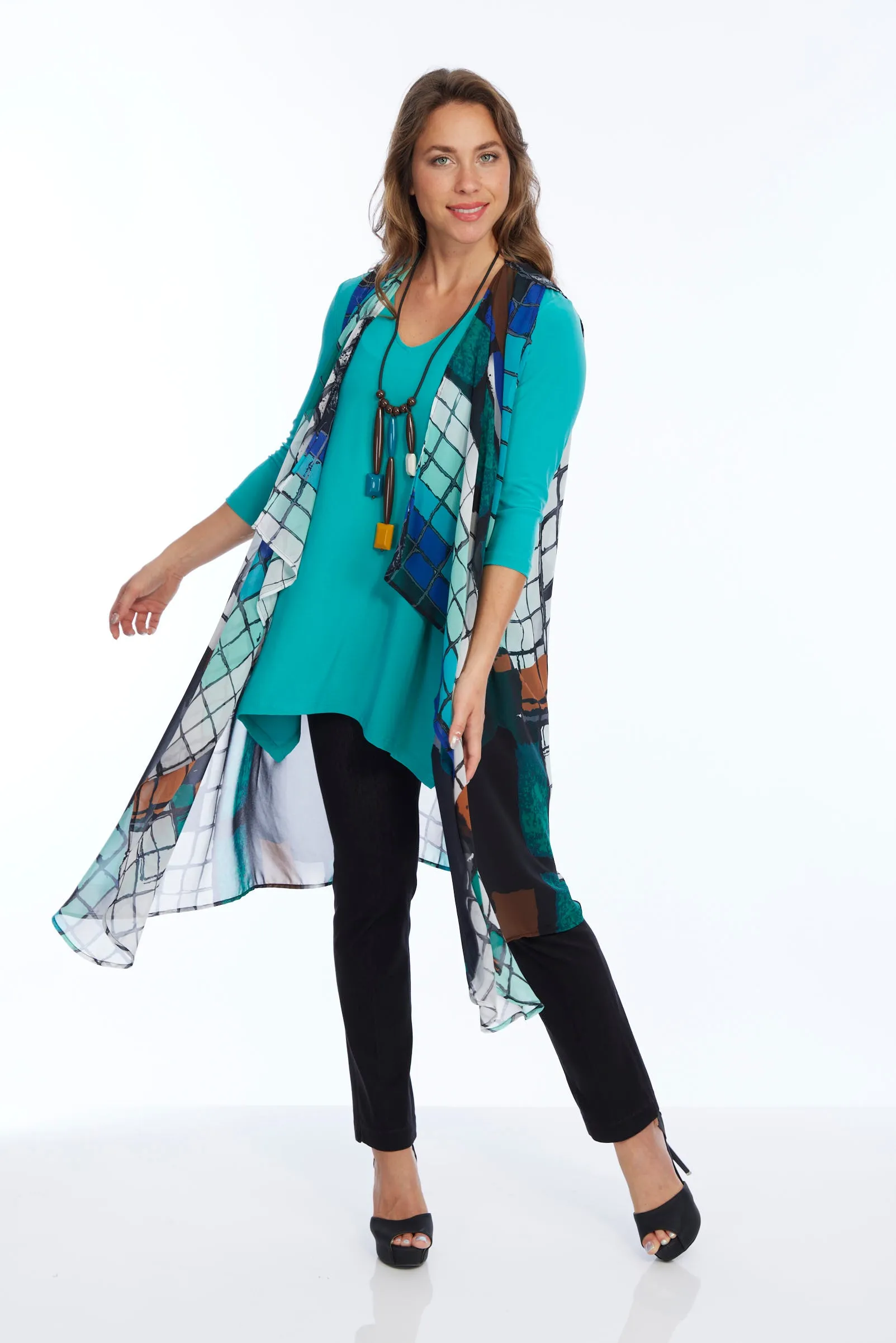 Women's Long Sheer Vest Turquoise & Royal Blue Diamond Print LIOR