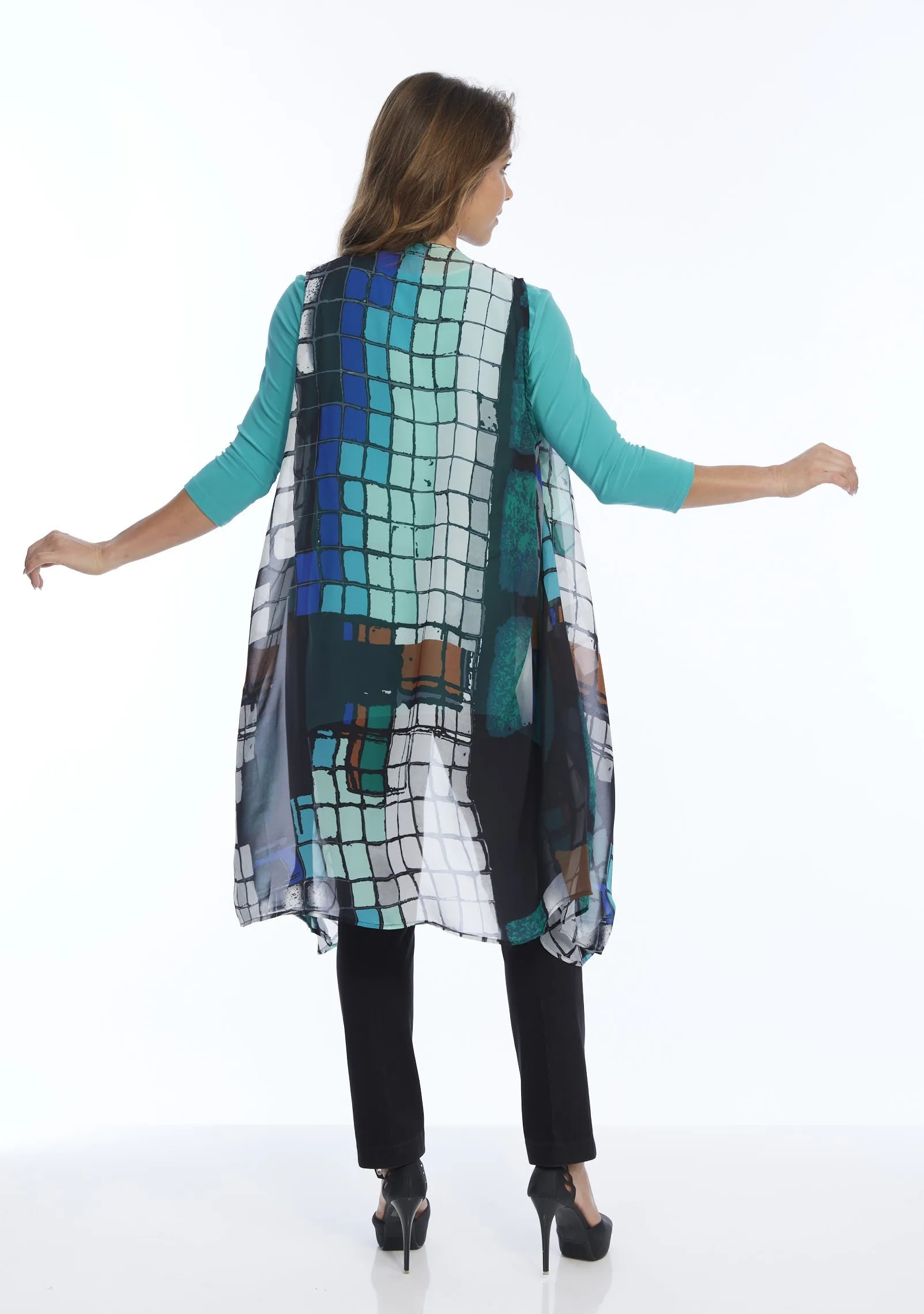 Women's Long Sheer Vest Turquoise & Royal Blue Diamond Print LIOR