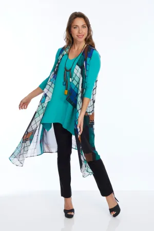 Women's Long Sheer Vest Turquoise & Royal Blue Diamond Print LIOR