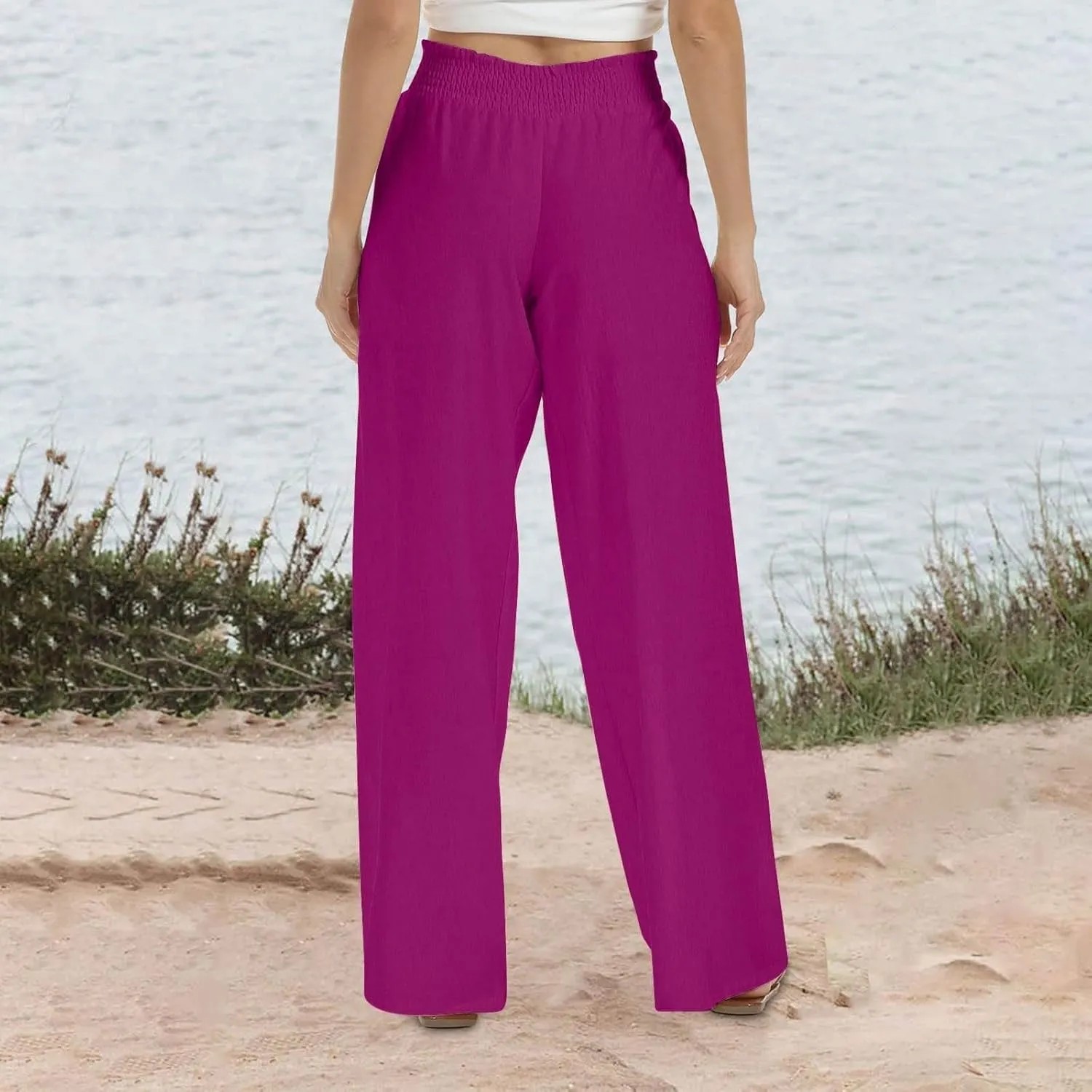 Women's Palazzo Pants High Waisted Boho Casual Drawstring Linen Pants Trousers with Pockets Linen Blend Cargo Pants
