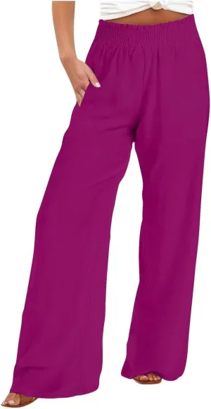Women's Palazzo Pants High Waisted Boho Casual Drawstring Linen Pants Trousers with Pockets Linen Blend Cargo Pants