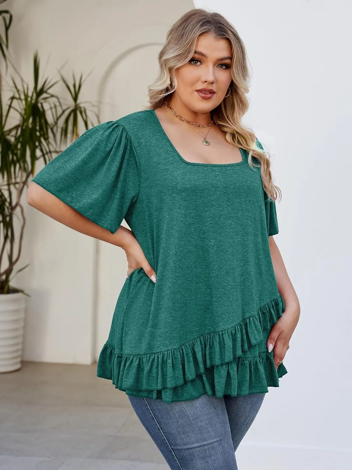 Womens Plus Size Tops Dressy Casual Blouses Square Neck Ruffle Hem Tunic Summer Going Out Shirts Short Sleeve 2025