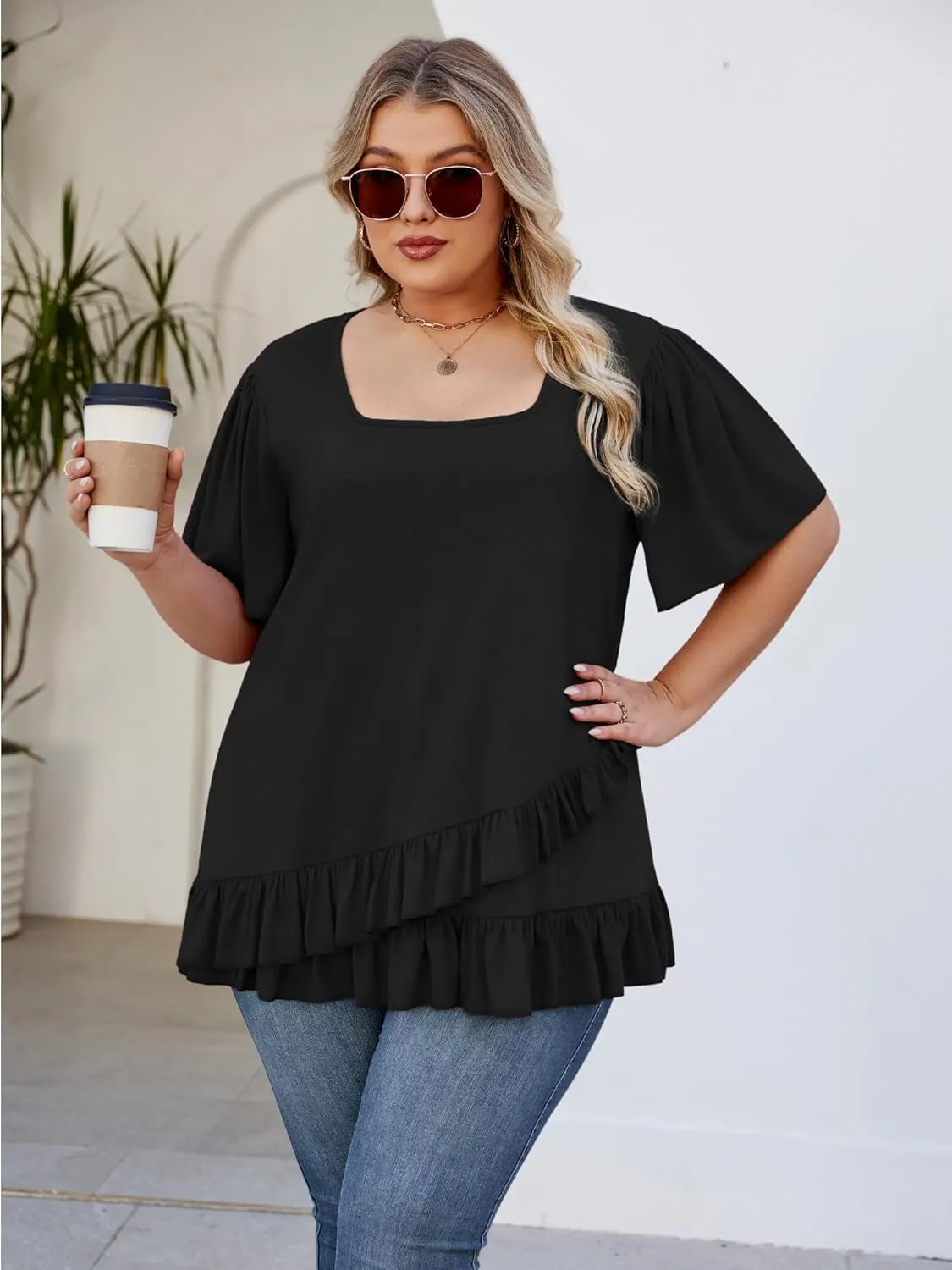Womens Plus Size Tops Dressy Casual Blouses Square Neck Ruffle Hem Tunic Summer Going Out Shirts Short Sleeve 2025