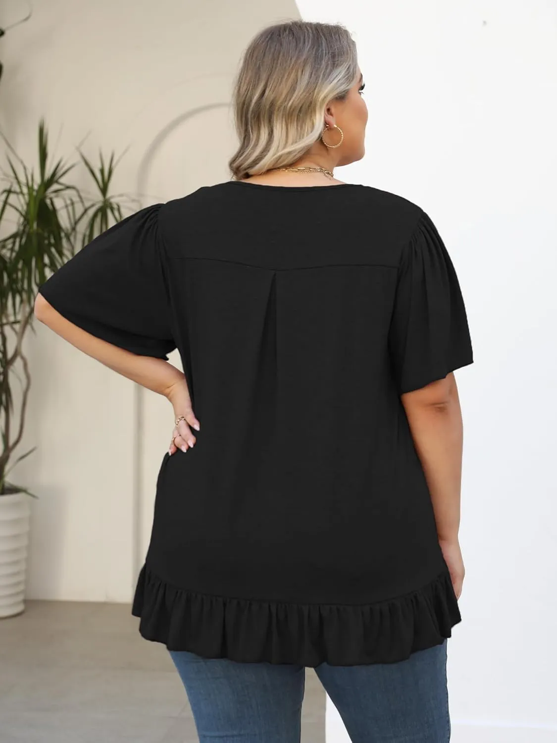Womens Plus Size Tops Dressy Casual Blouses Square Neck Ruffle Hem Tunic Summer Going Out Shirts Short Sleeve 2025