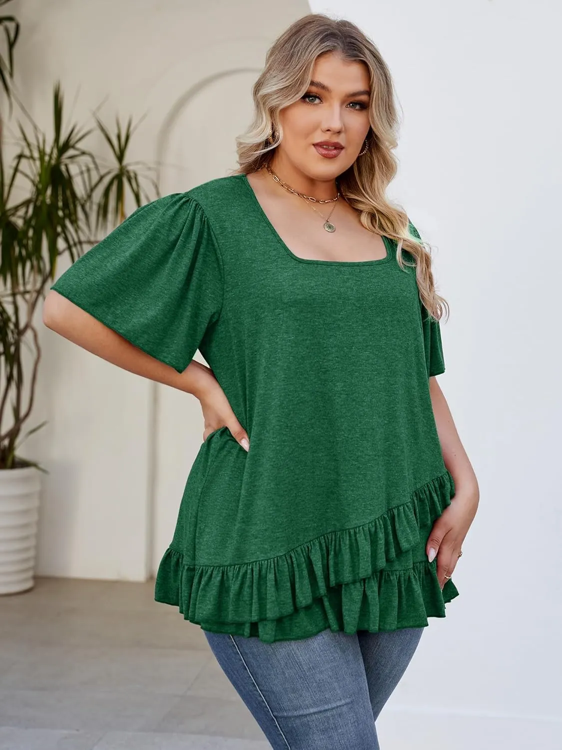 Womens Plus Size Tops Dressy Casual Blouses Square Neck Ruffle Hem Tunic Summer Going Out Shirts Short Sleeve 2025