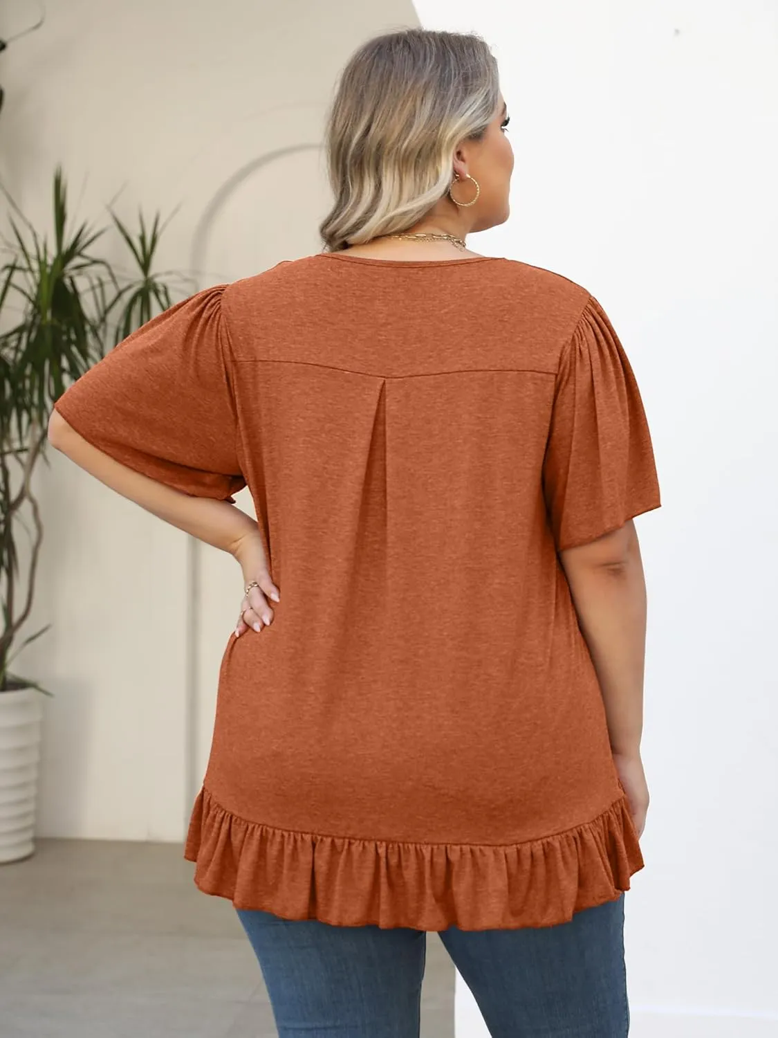 Womens Plus Size Tops Dressy Casual Blouses Square Neck Ruffle Hem Tunic Summer Going Out Shirts Short Sleeve 2025