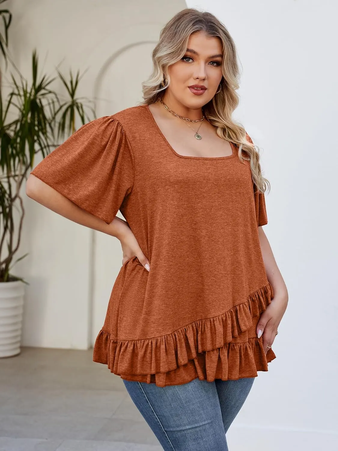 Womens Plus Size Tops Dressy Casual Blouses Square Neck Ruffle Hem Tunic Summer Going Out Shirts Short Sleeve 2025