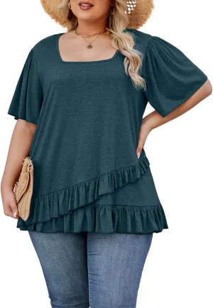Womens Plus Size Tops Dressy Casual Blouses Square Neck Ruffle Hem Tunic Summer Going Out Shirts Short Sleeve 2025