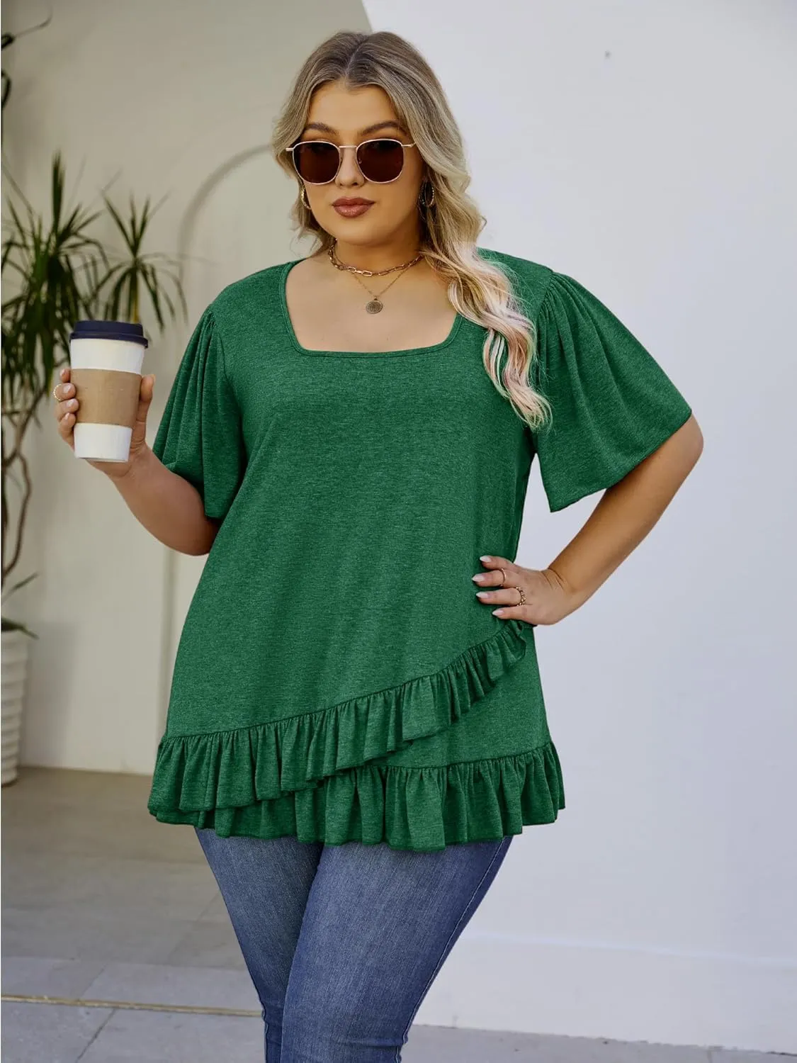 Womens Plus Size Tops Dressy Casual Blouses Square Neck Ruffle Hem Tunic Summer Going Out Shirts Short Sleeve 2025
