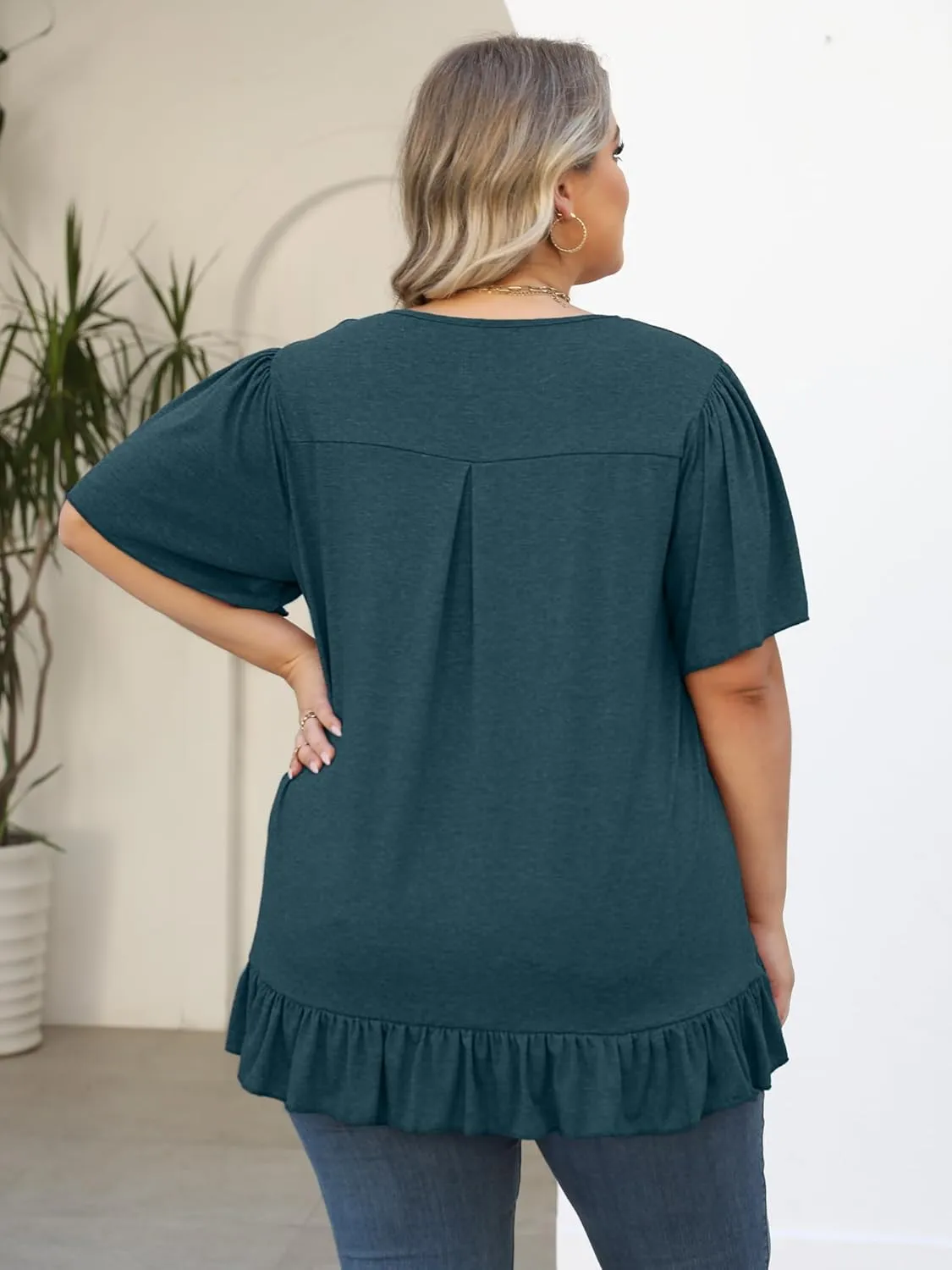 Womens Plus Size Tops Dressy Casual Blouses Square Neck Ruffle Hem Tunic Summer Going Out Shirts Short Sleeve 2025
