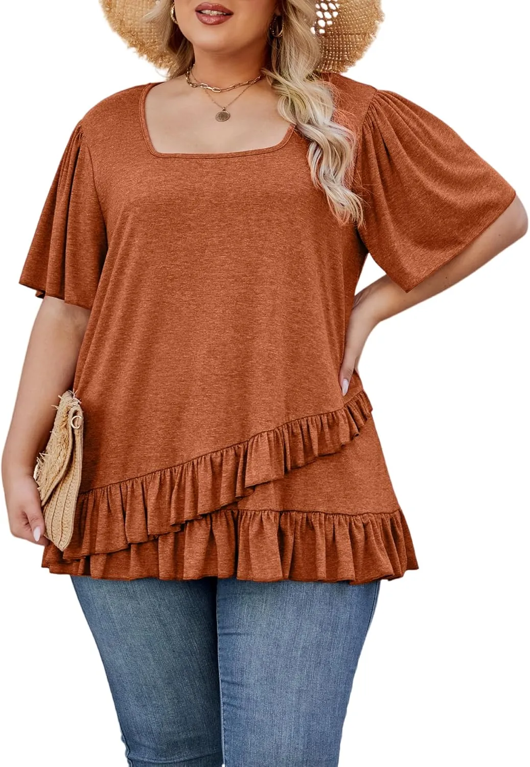 Womens Plus Size Tops Dressy Casual Blouses Square Neck Ruffle Hem Tunic Summer Going Out Shirts Short Sleeve 2025