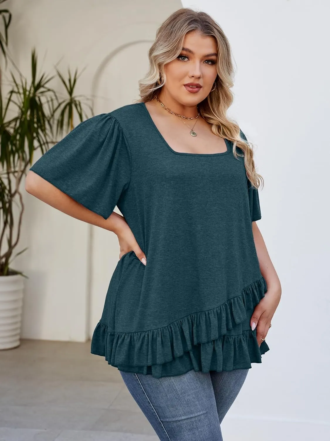 Womens Plus Size Tops Dressy Casual Blouses Square Neck Ruffle Hem Tunic Summer Going Out Shirts Short Sleeve 2025