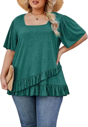 Womens Plus Size Tops Dressy Casual Blouses Square Neck Ruffle Hem Tunic Summer Going Out Shirts Short Sleeve 2025
