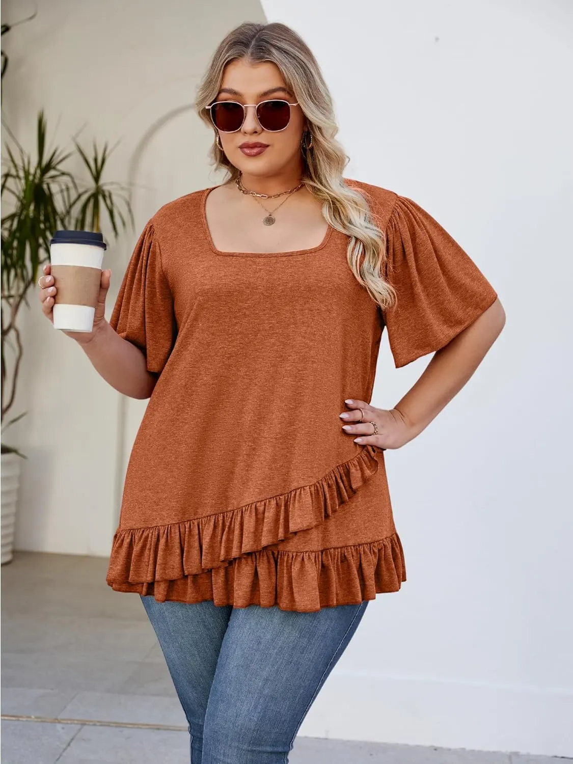 Womens Plus Size Tops Dressy Casual Blouses Square Neck Ruffle Hem Tunic Summer Going Out Shirts Short Sleeve 2025