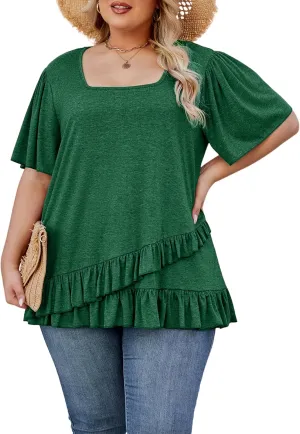 Womens Plus Size Tops Dressy Casual Blouses Square Neck Ruffle Hem Tunic Summer Going Out Shirts Short Sleeve 2025