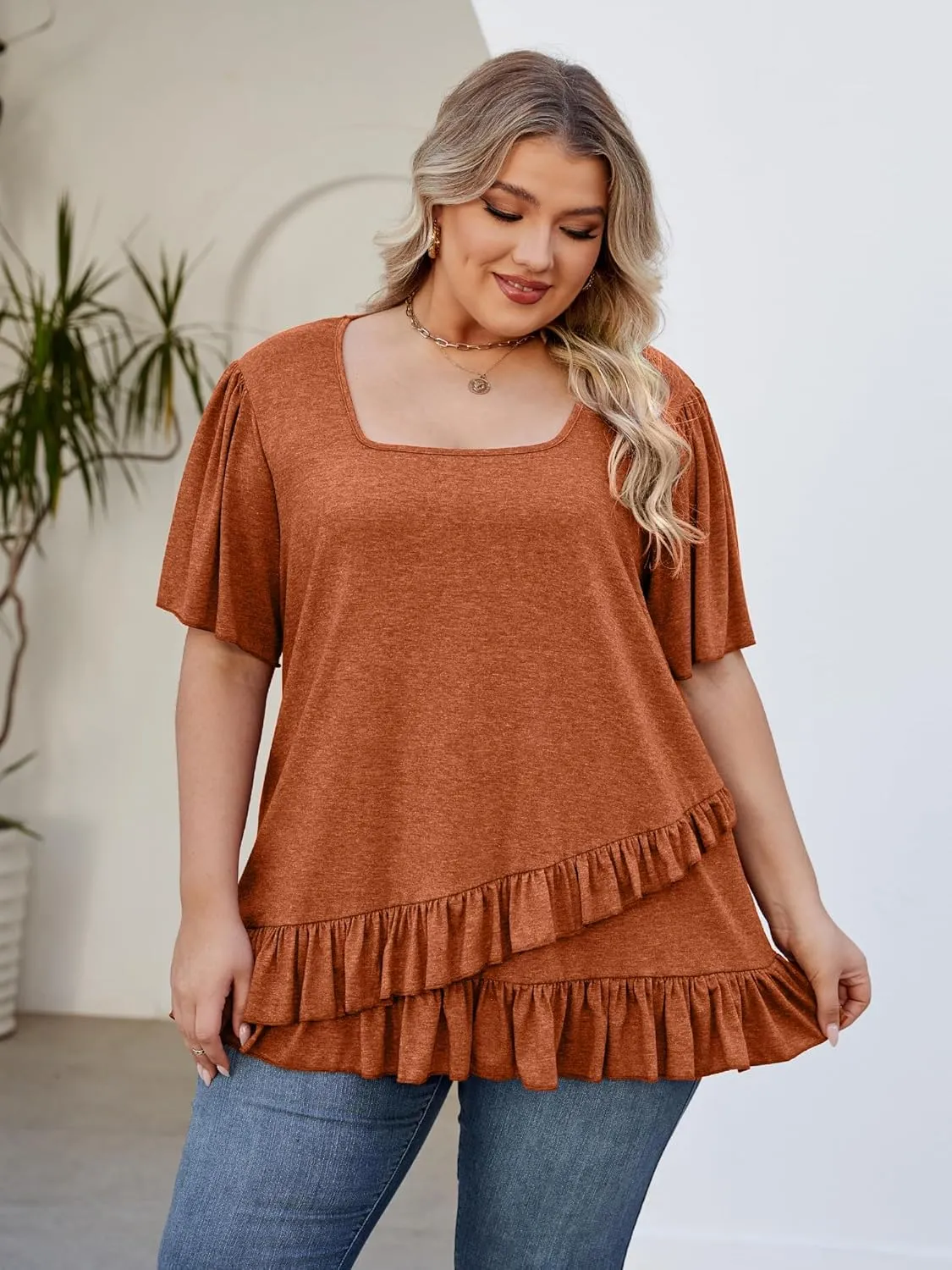 Womens Plus Size Tops Dressy Casual Blouses Square Neck Ruffle Hem Tunic Summer Going Out Shirts Short Sleeve 2025