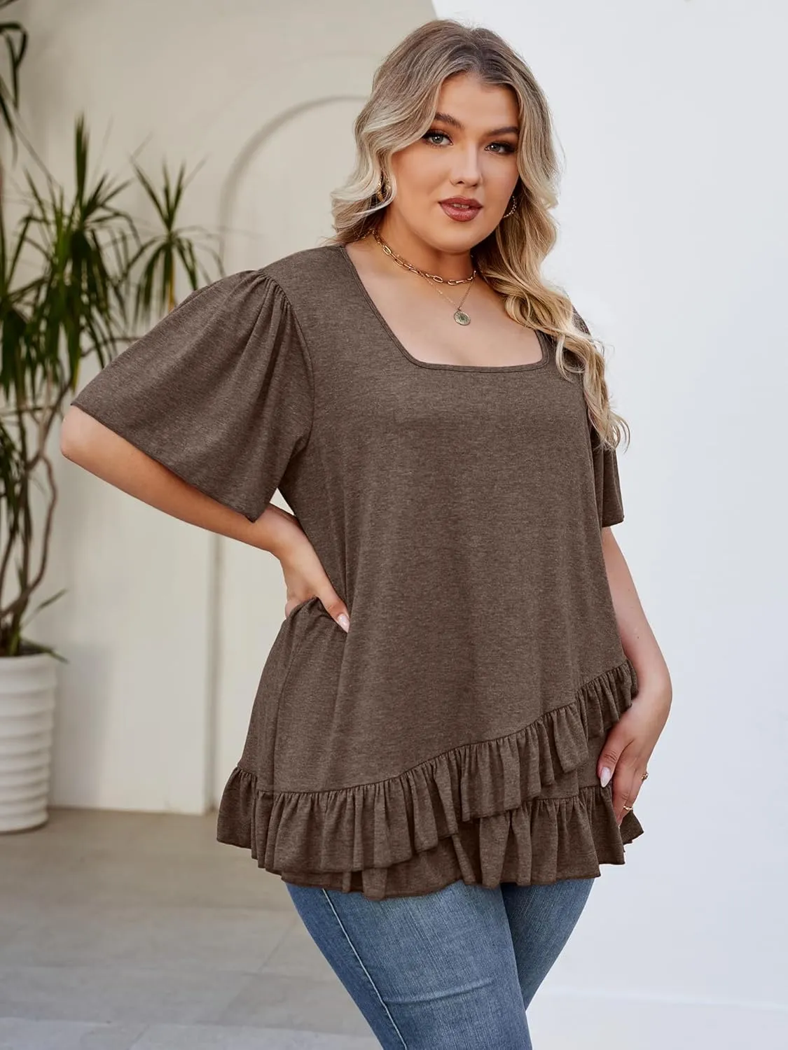 Womens Plus Size Tops Dressy Casual Blouses Square Neck Ruffle Hem Tunic Summer Going Out Shirts Short Sleeve 2025