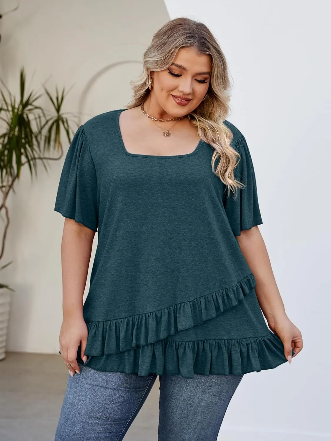 Womens Plus Size Tops Dressy Casual Blouses Square Neck Ruffle Hem Tunic Summer Going Out Shirts Short Sleeve 2025