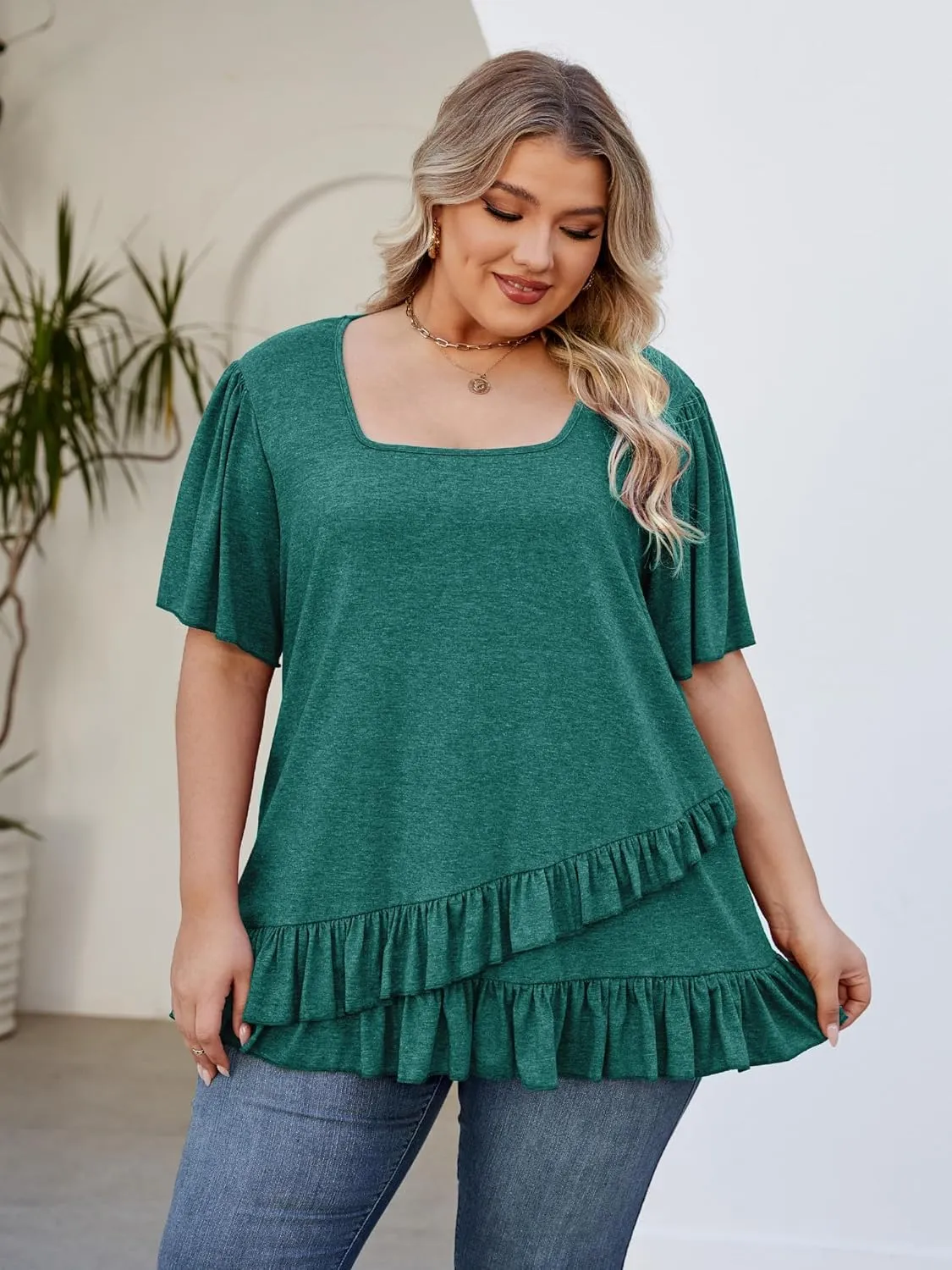 Womens Plus Size Tops Dressy Casual Blouses Square Neck Ruffle Hem Tunic Summer Going Out Shirts Short Sleeve 2025
