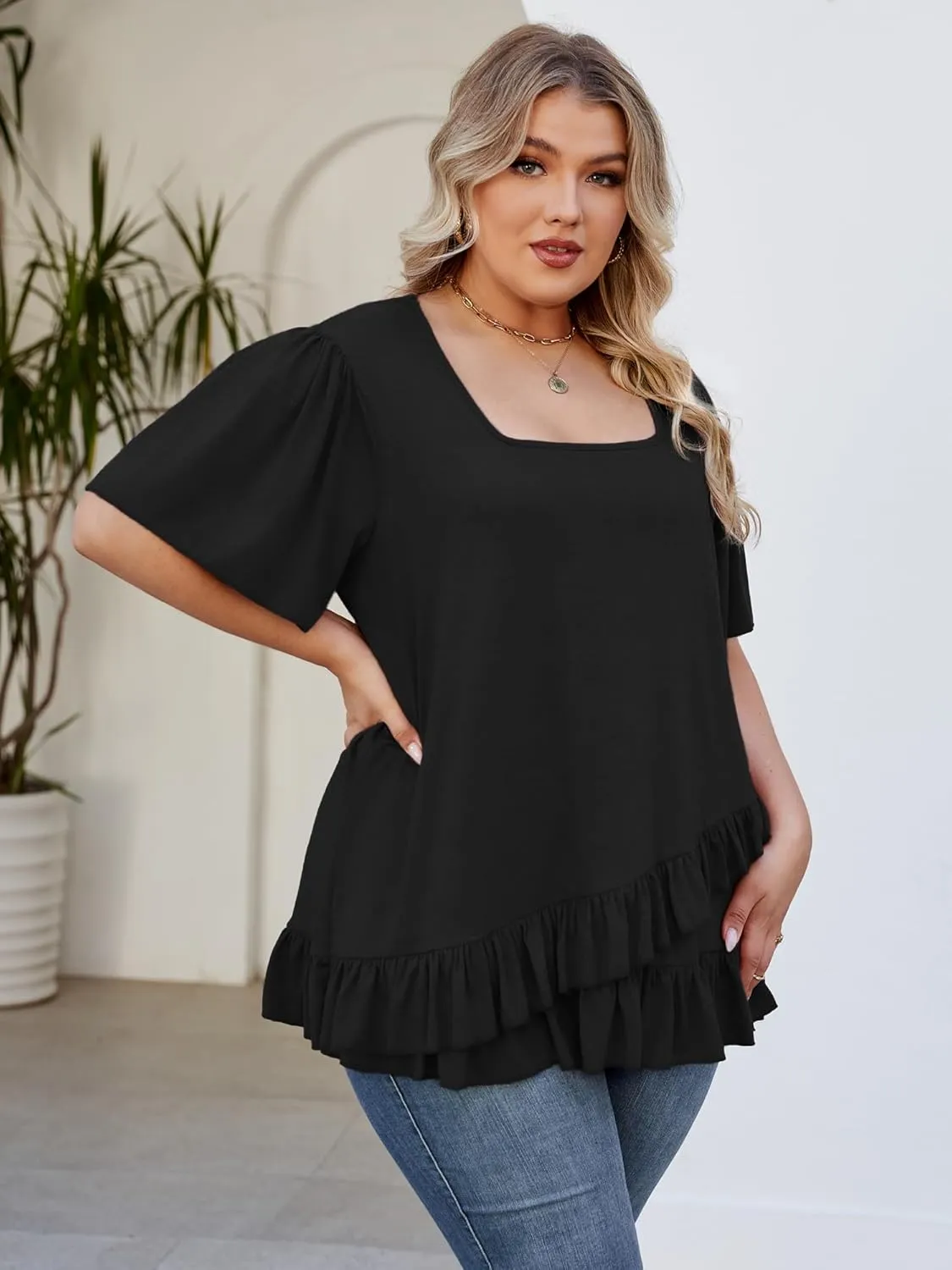 Womens Plus Size Tops Dressy Casual Blouses Square Neck Ruffle Hem Tunic Summer Going Out Shirts Short Sleeve 2025