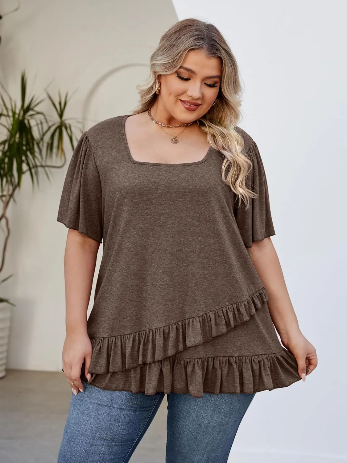 Womens Plus Size Tops Dressy Casual Blouses Square Neck Ruffle Hem Tunic Summer Going Out Shirts Short Sleeve 2025