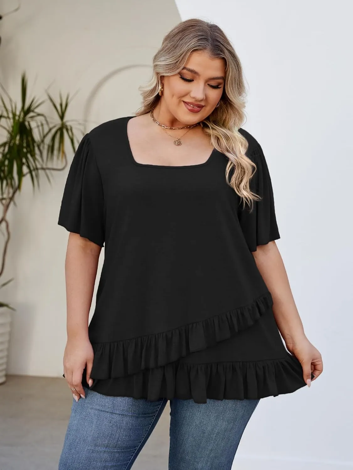 Womens Plus Size Tops Dressy Casual Blouses Square Neck Ruffle Hem Tunic Summer Going Out Shirts Short Sleeve 2025